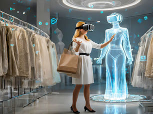 Fashion retail manager using AI-powered software for virtual tradeshow and inventory forecasting on a digital dashboard