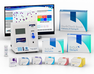 Medical equipment and kit boxes with SQA labels and computer screen display.