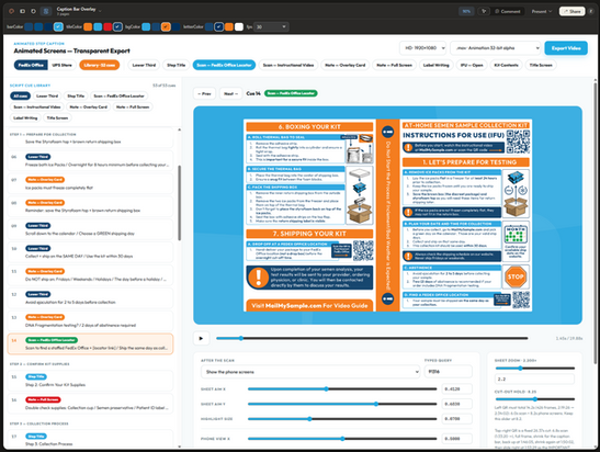 The MaleMan Overlay Builder interface, showing the 52-cue script library, template selector and transparent video export controls