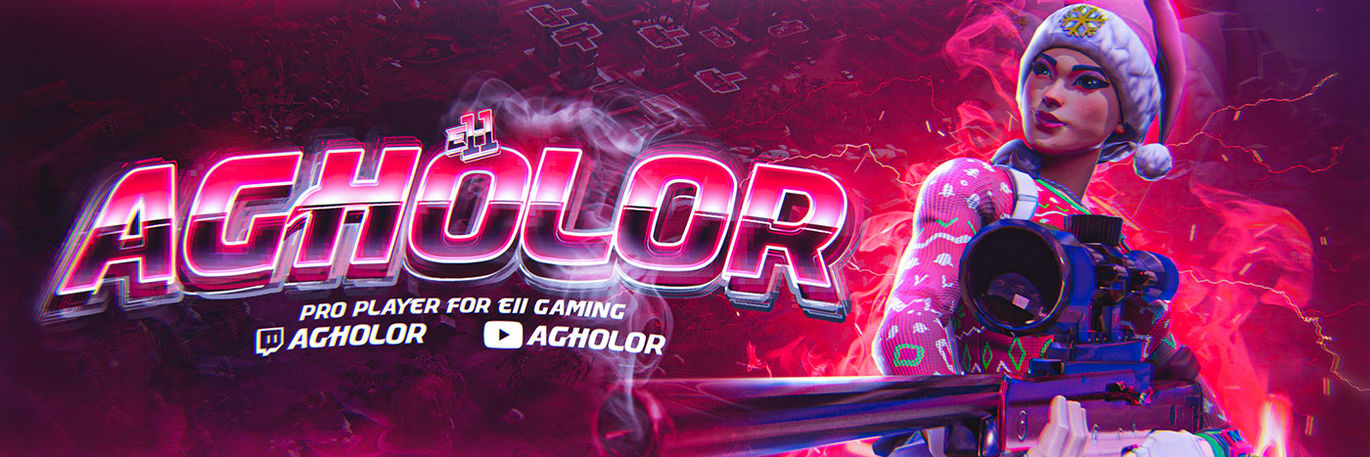 AGHOLOR text and gamer with weapon, 2nd player for FG Gaming, social icons