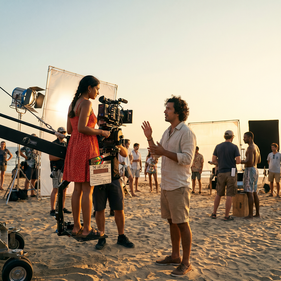 Brand film production crew filming a woman on a beach.
