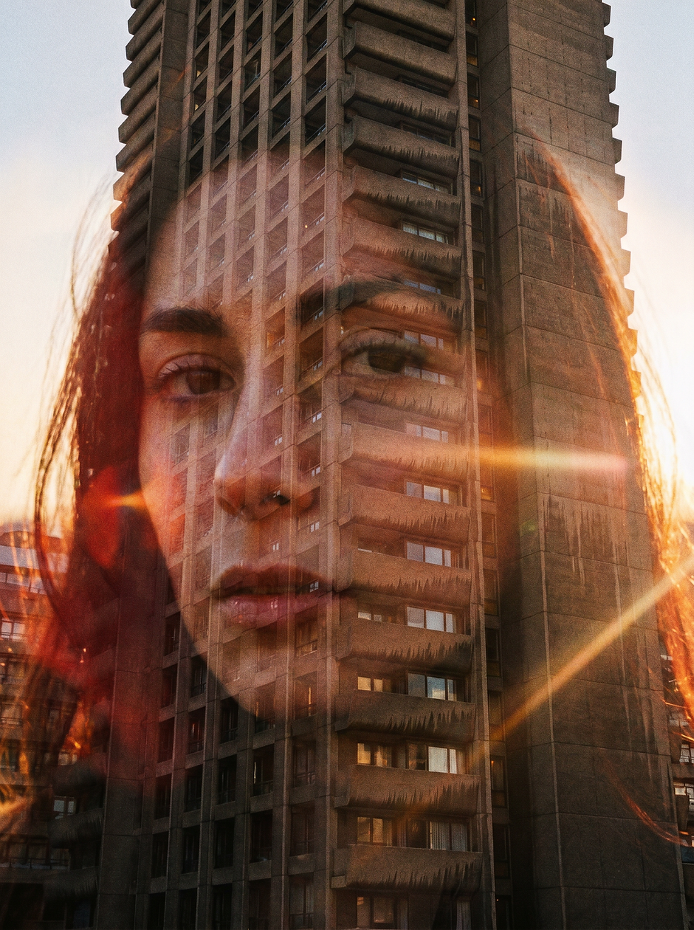 Double exposure of a woman's face and a brutalist tower.