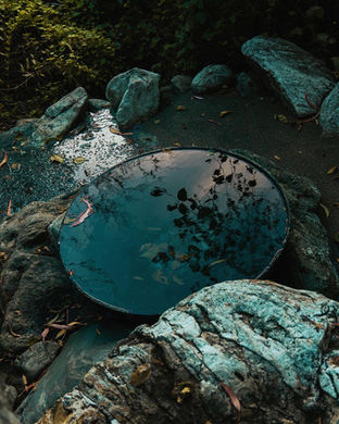 Mirror on rocks reflecting the surrounding forest environment in a unique view.