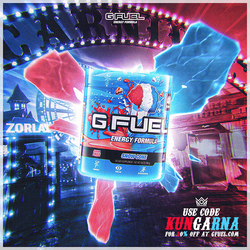 G Fuel Energy Formula tub with Zorlax, Kungarna branding in a colorful scene.