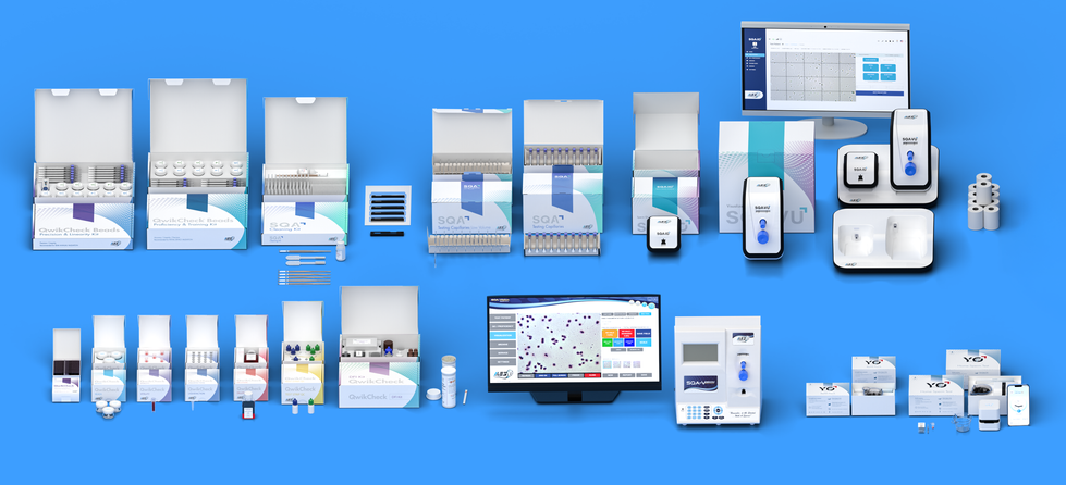 Various medical devices and equipment, products on blue background, scientific technology.