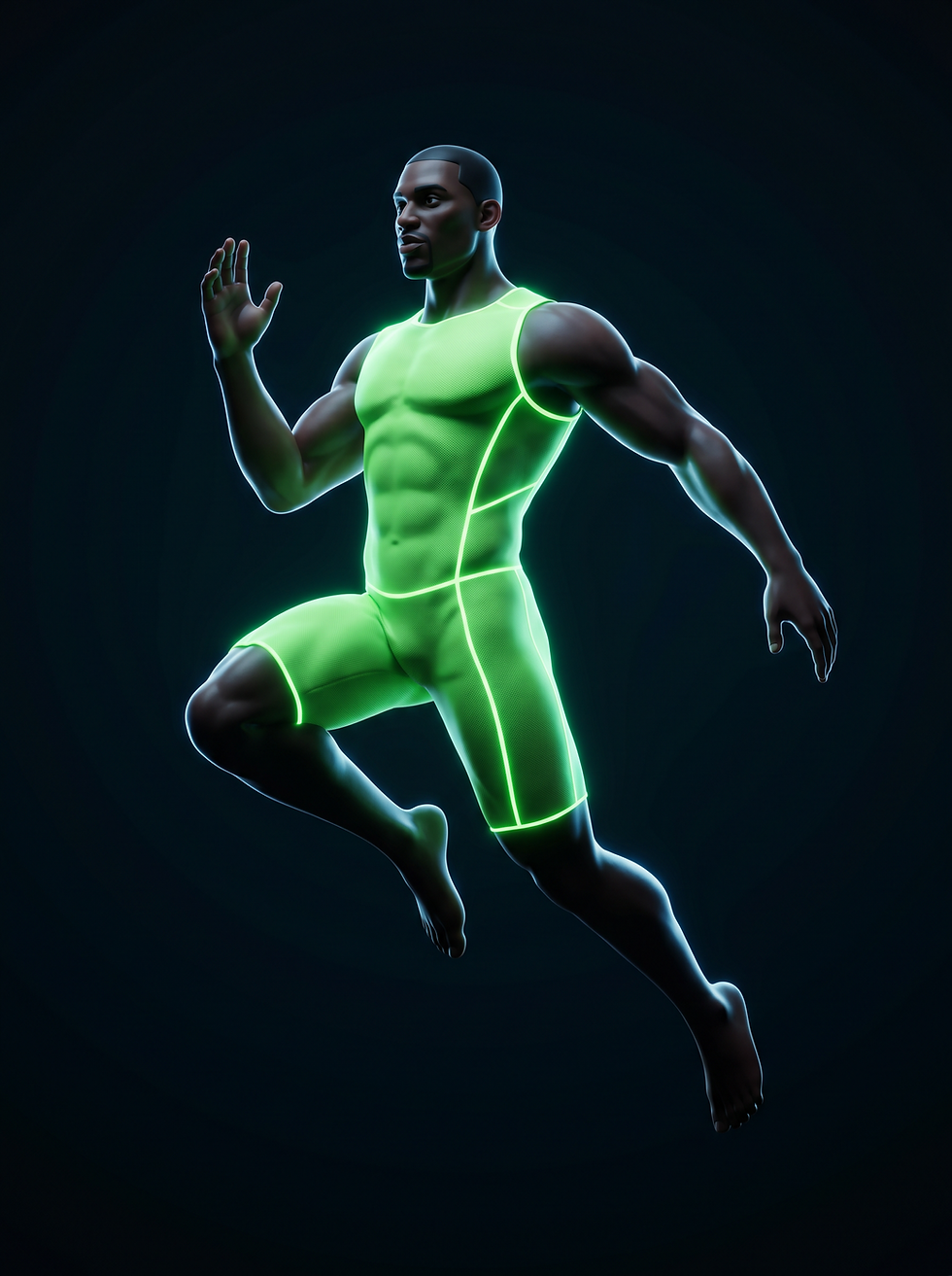 CGI and VFX studio render of a runner in neon gear