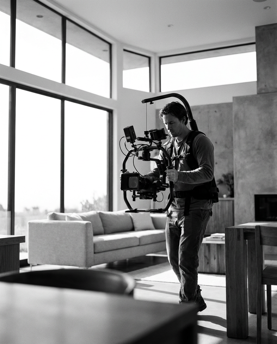Brand film production in a modern real estate setting.