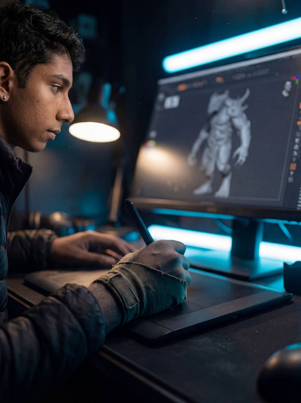 Artist at a CGI and VFX studio modeling a character