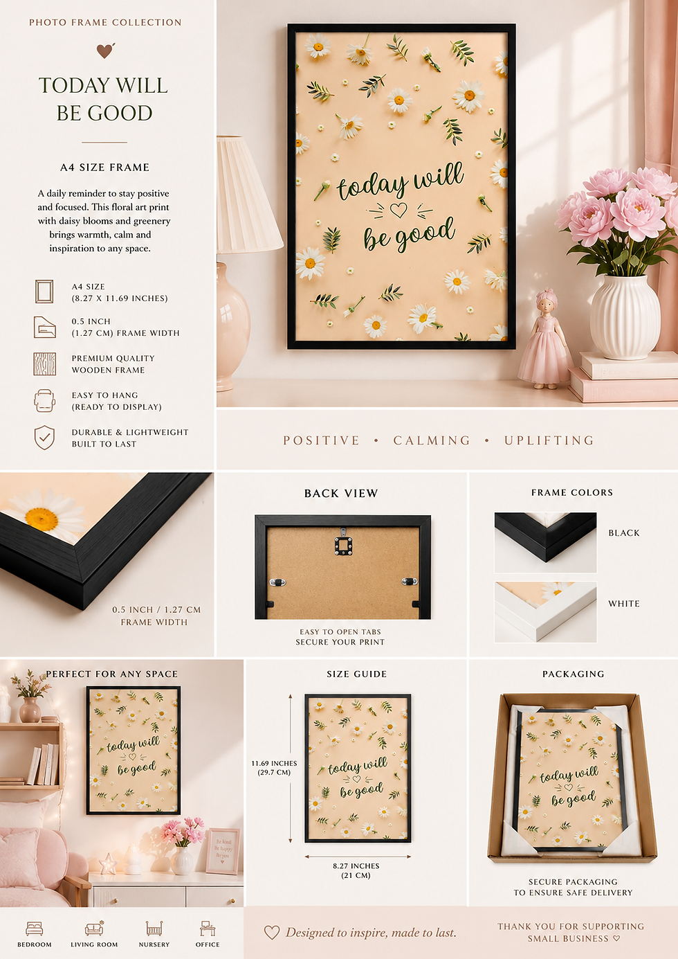 Thumbnail: Today Will Be Good | Floral Motivational A4 Photo Frame | Black Wooden Frame  