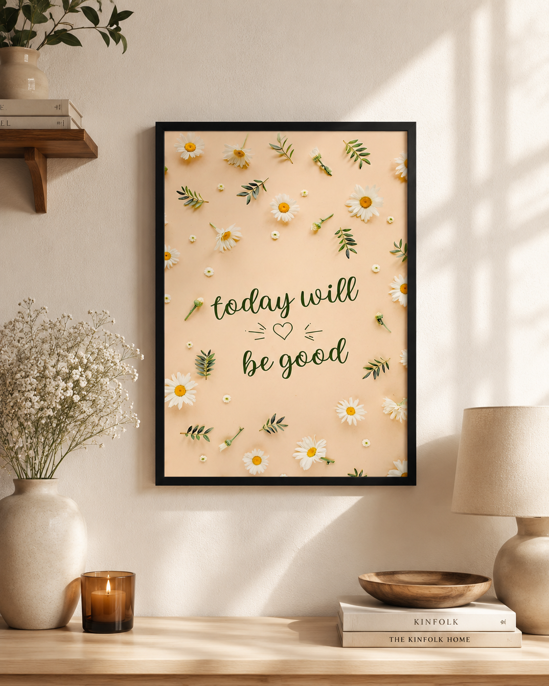 Today Will Be Good | Floral Motivational A4 Photo Frame | Black Wooden Frame