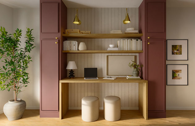 Home office setup with a desk, shelves, laptop, and two white stools Camila Interiors