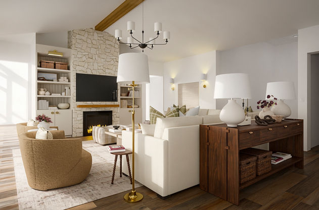 Cozy living room interior design with fireplace and white sofa Camila Interiors