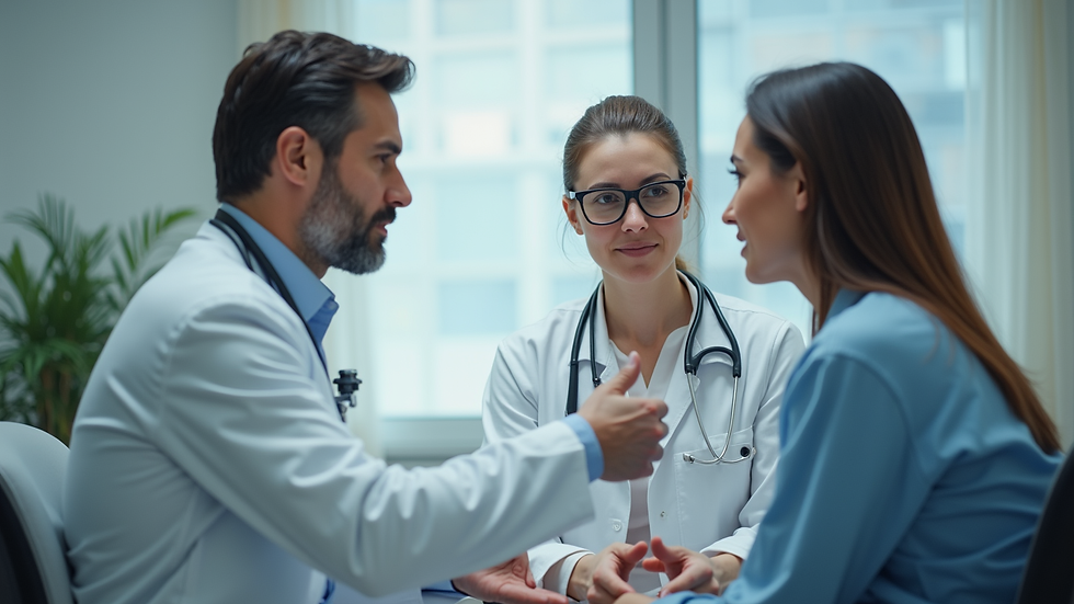 Eye-level view of a dermatologist consulting with a patient in a clinical setting