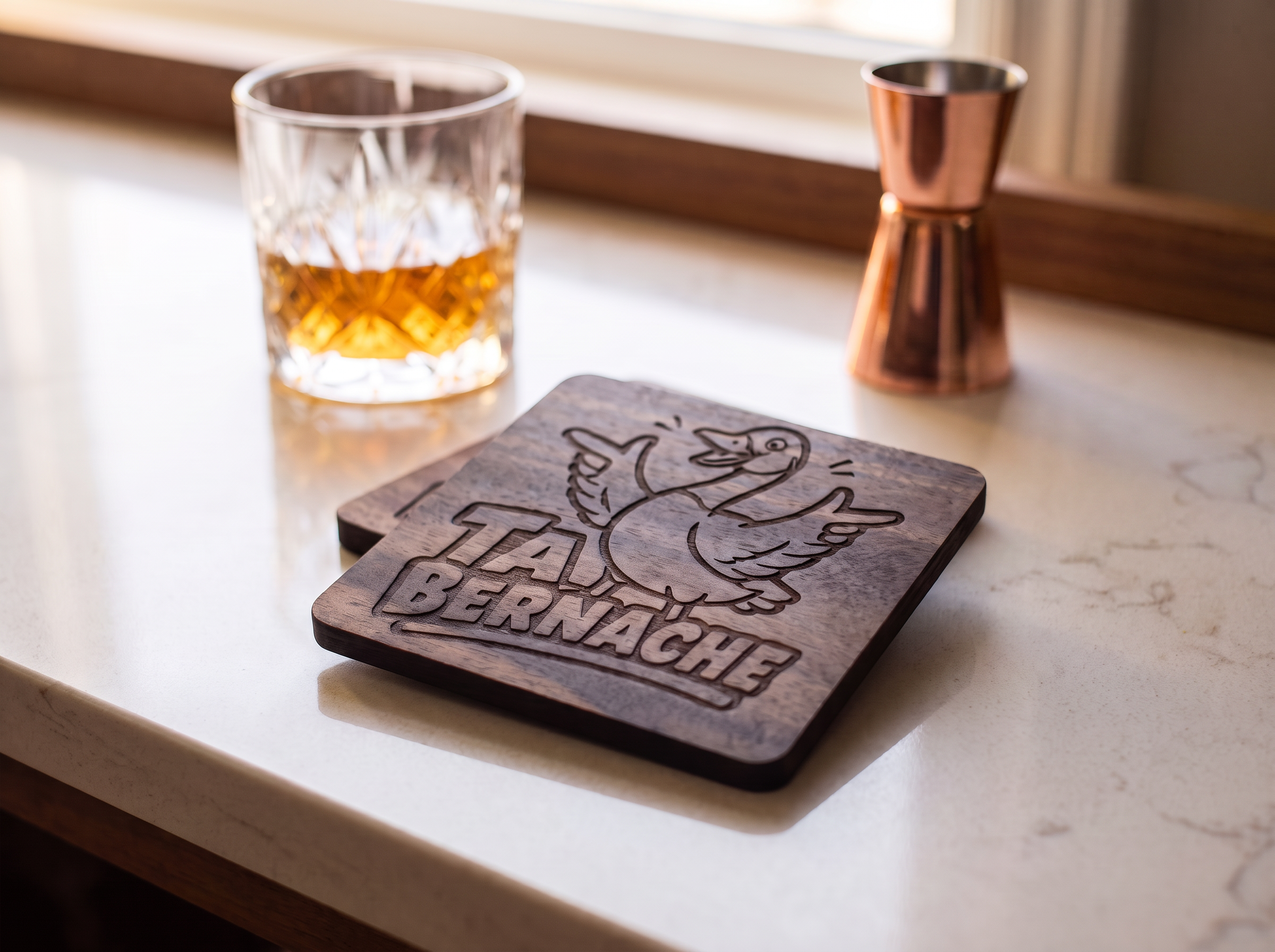 Funny Quebec "TaBernache" Canada Goose Wooden Coaster Set (8pc) + Holder