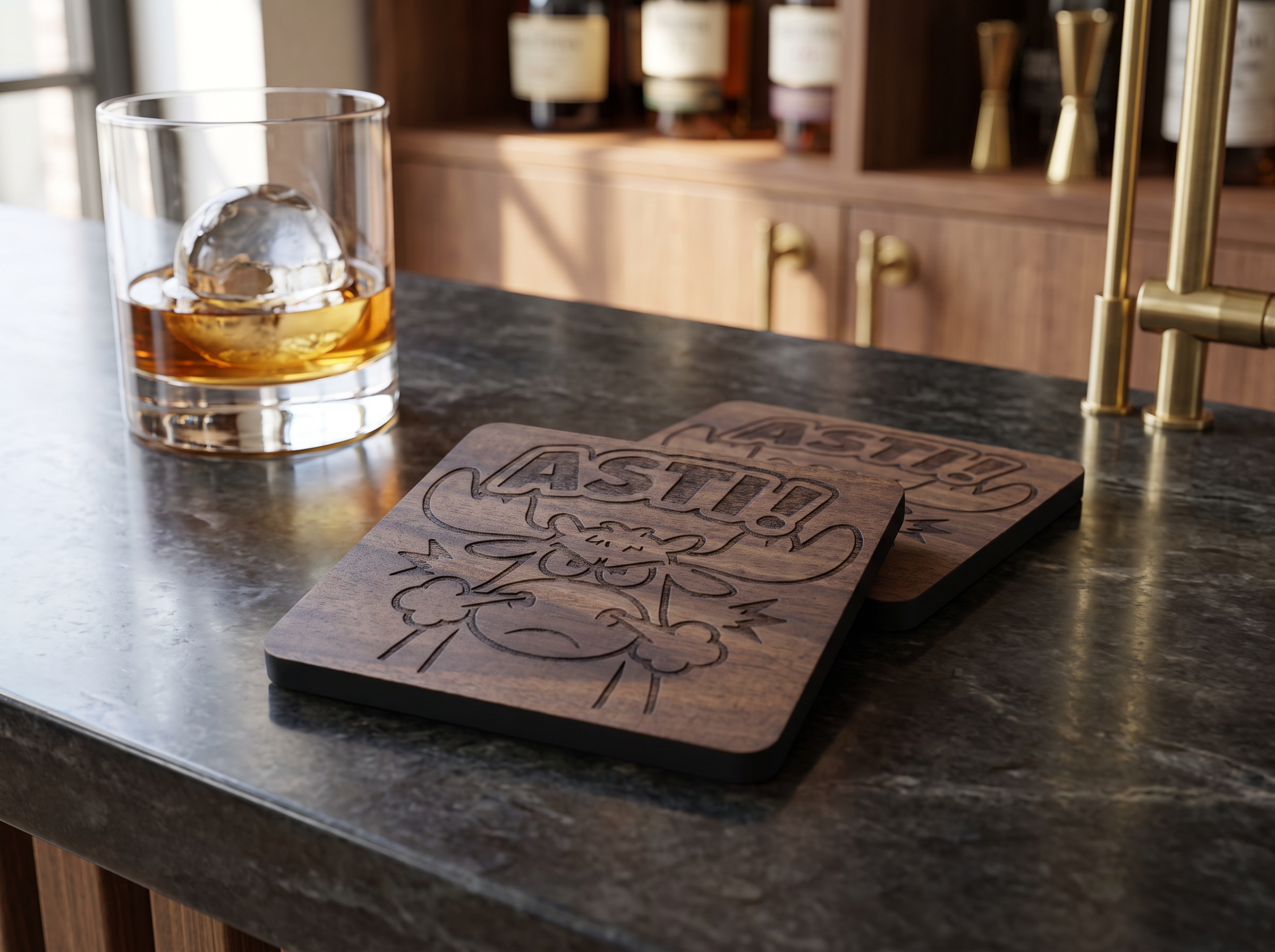 "Asti de Moose" Hardwood Coaster Set (8pc) | Funny Moose Quebec Sacres