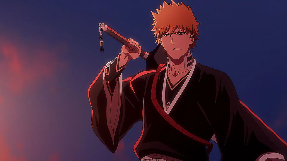 Anime character with orange hair holds a sword over shoulder, wearing a black robe. Background shows a dusky sky, creating a serious mood.