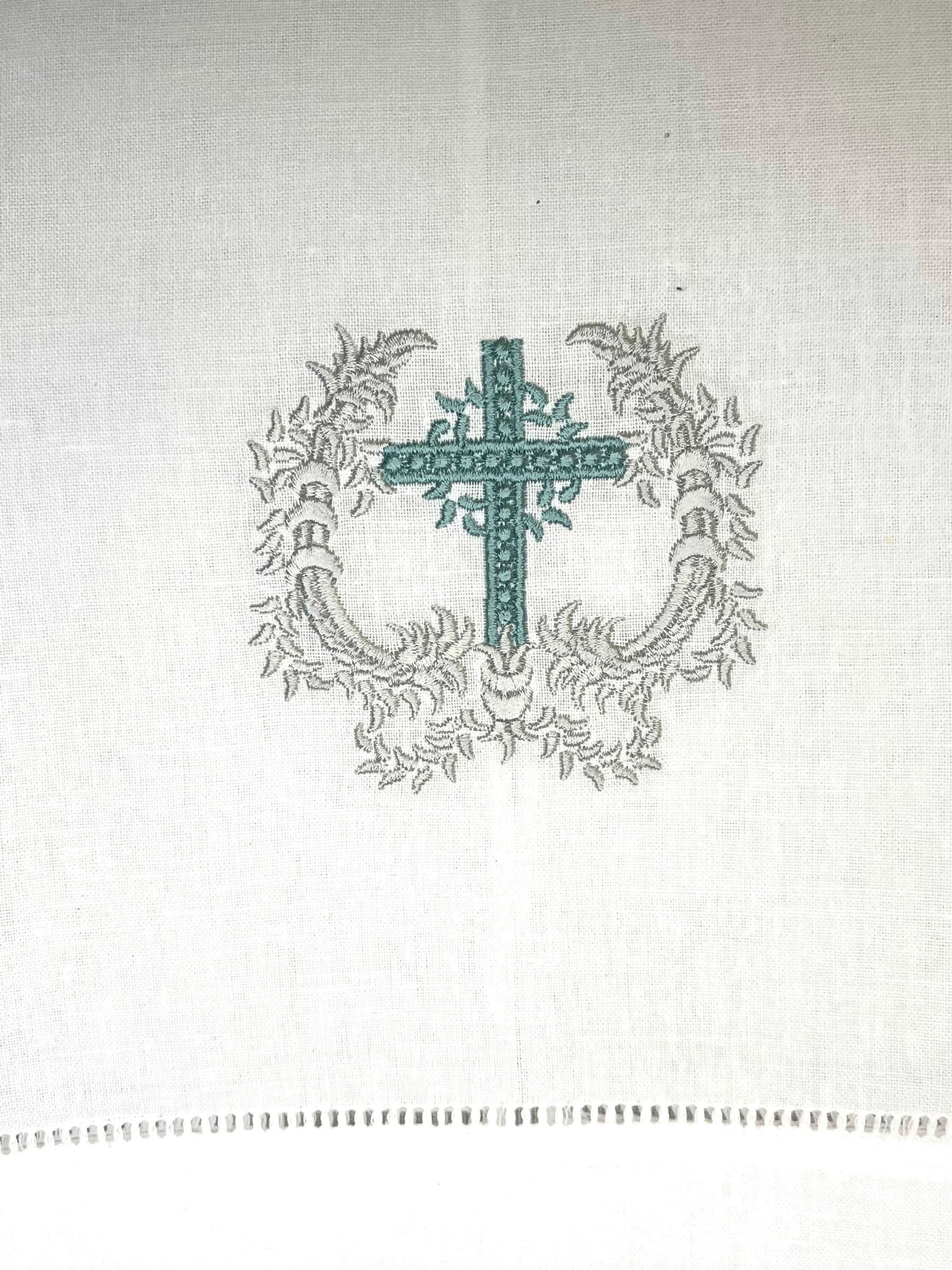 Fine Linens Medallion Cross  embroidered on classic white guest towel