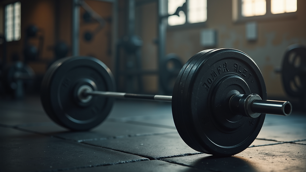 Eye-level view of a weightlifting barbell on a gym bench