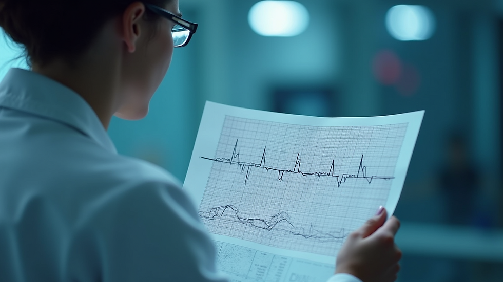 Eye-level view of a medical professional analyzing an ECG printout
