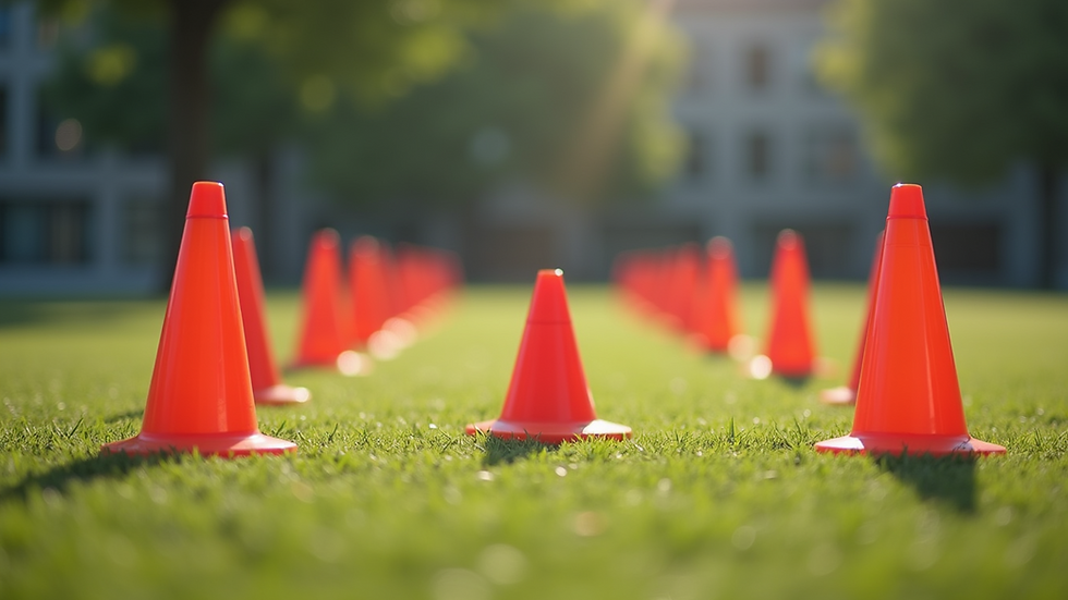 Eye-level view of a cone setup for the Illinois Agility Test
