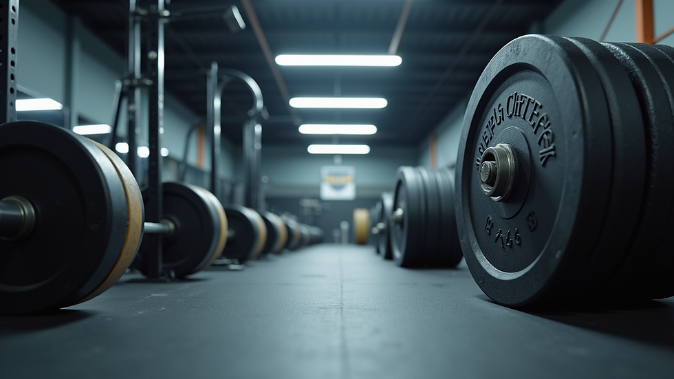 Eye-level view of a gym with various weightlifting equipment