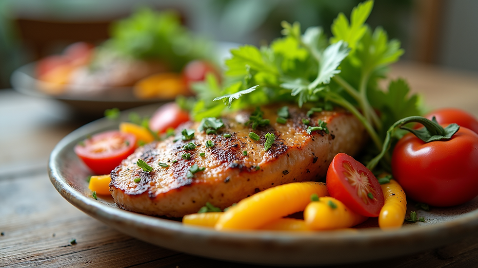 Close-up view of a healthy meal with colorful vegetables