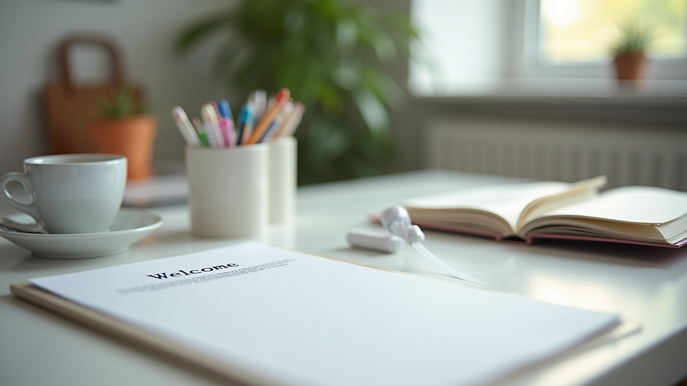 Eye-level view of a neatly organized workspace with a welcome note