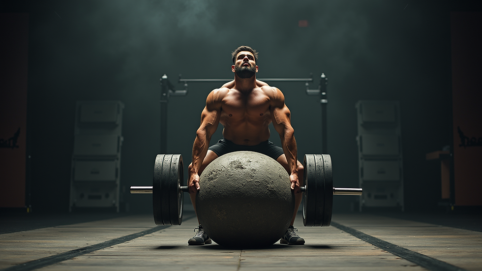 Eye-level view of a strongman lifting a heavy Atlas stone