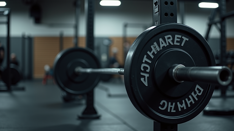 Eye-level view of a barbell resting on a squat rack