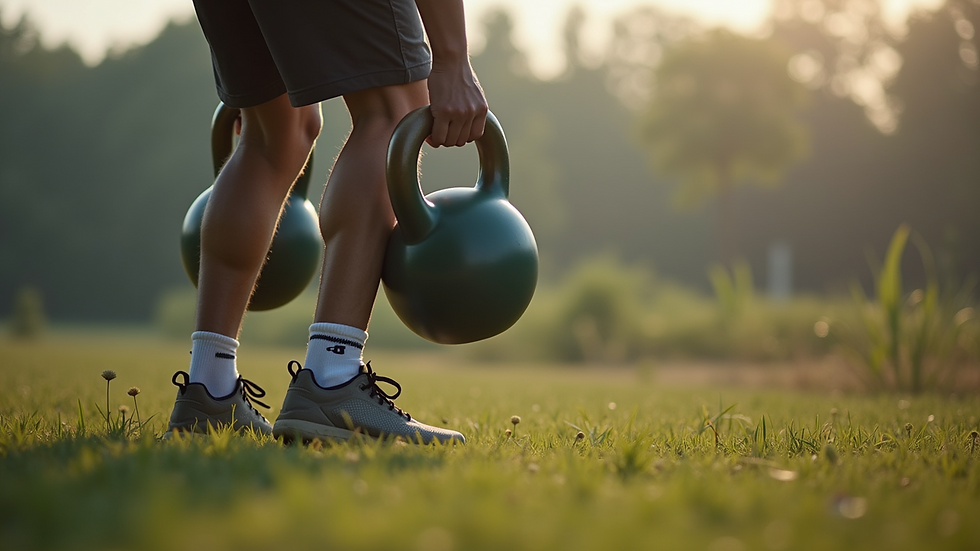 High angle view of a person performing a farmer's walk with kettlebells