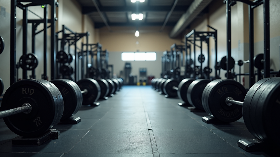 High angle view of a gym with various weightlifting equipment