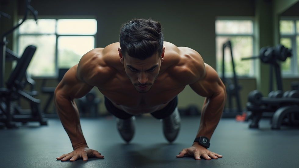 Eye-level view of a person performing a push-up on a gym mat