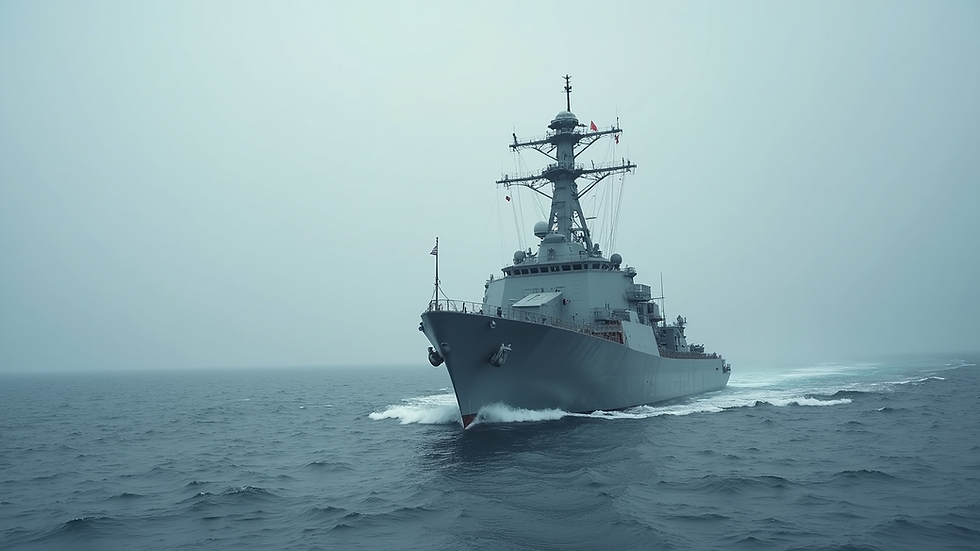Wide angle view of a naval destroyer at sea