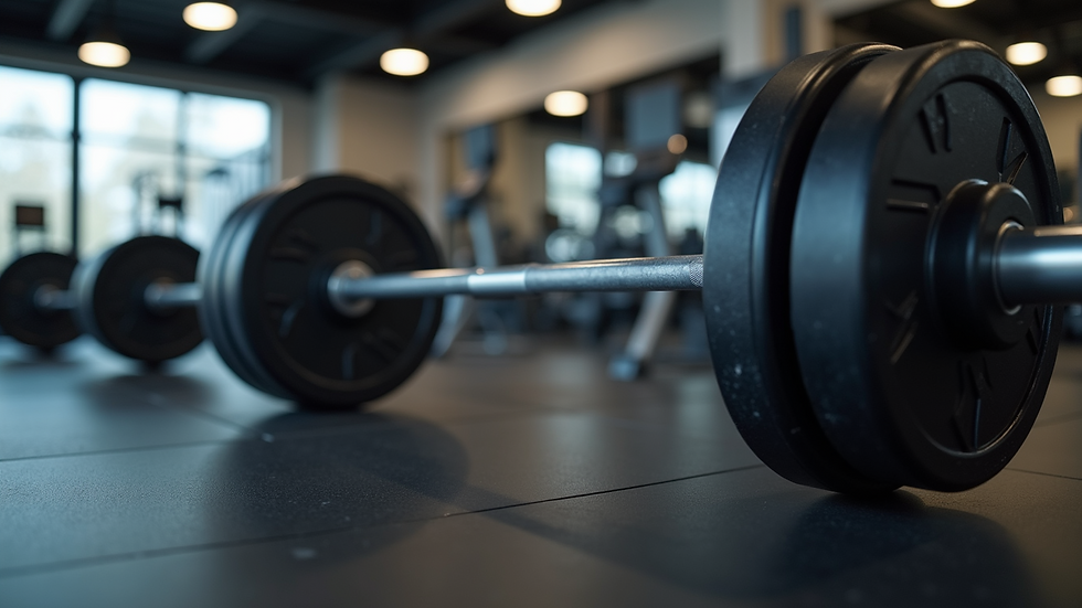 Eye-level view of a weightlifting barbell on a gym bench