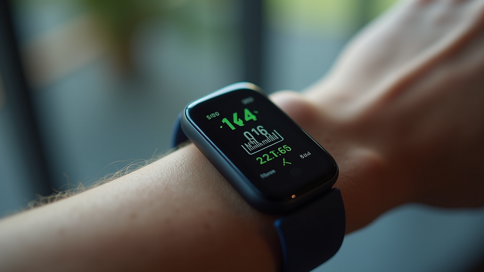Close-up view of a fitness tracker displaying health metrics