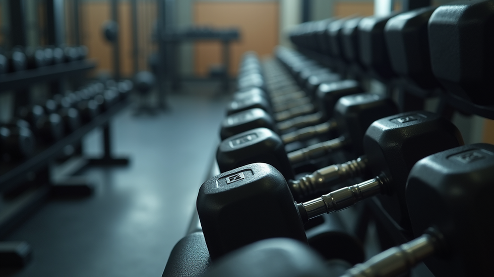 High angle view of a weightlifting area with dumbbells