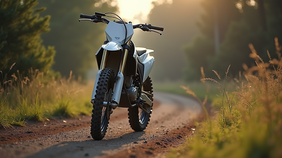 Eye-level view of a dirt bike parked on a trail