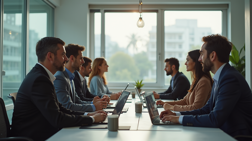 High angle view of a team brainstorming solutions for client concerns