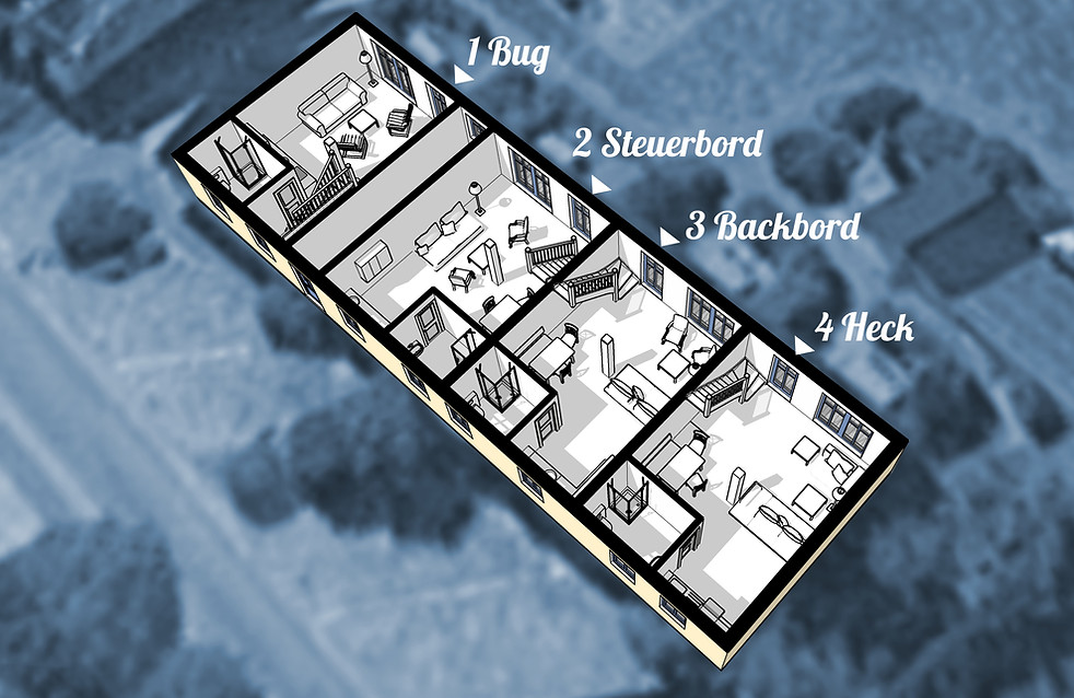 In deze 3D-weergave zie je de doorsnede door het huis. Zo krijg je een indruk van de plattegronden van het woongedeelte op de begane grond.