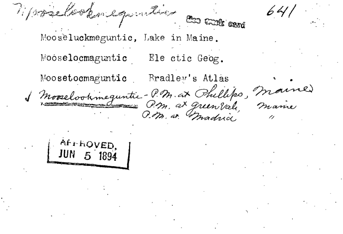 us board of geographic names decision card for Mooselookmeguntic Lake