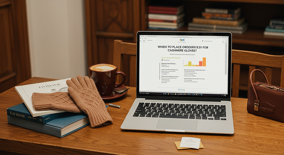 Laptop on wooden table showing a chart; beside are brown gloves on books, a cup of coffee, and a small bag. Cozy, study atmosphere.