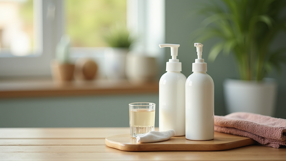 Close-up view of eco-friendly cleaning products on a wooden surface