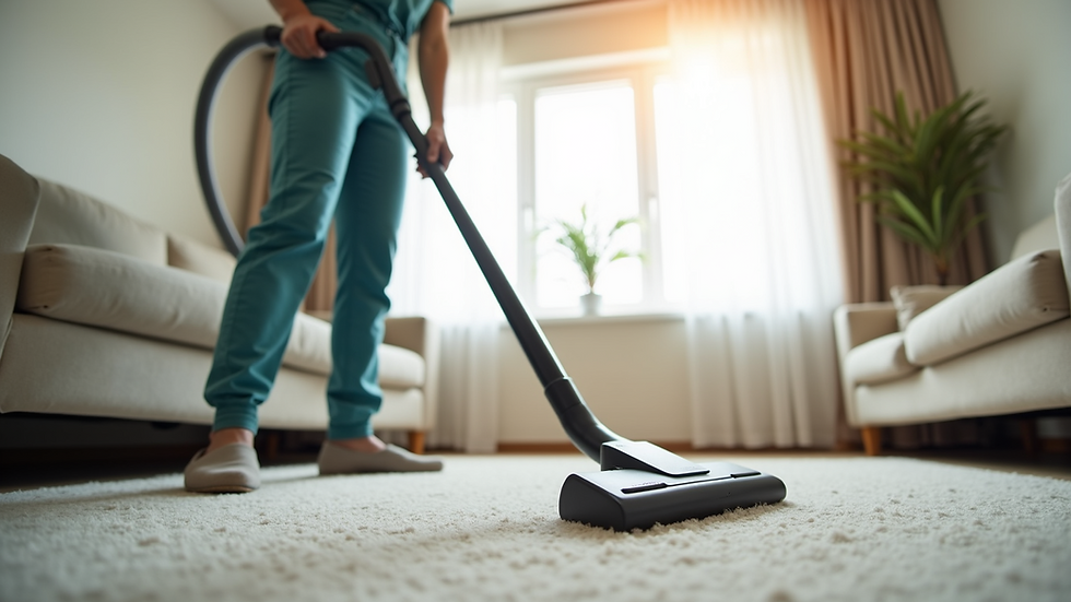 Eye-level view of a professional cleaner using a vacuum in a bright living room