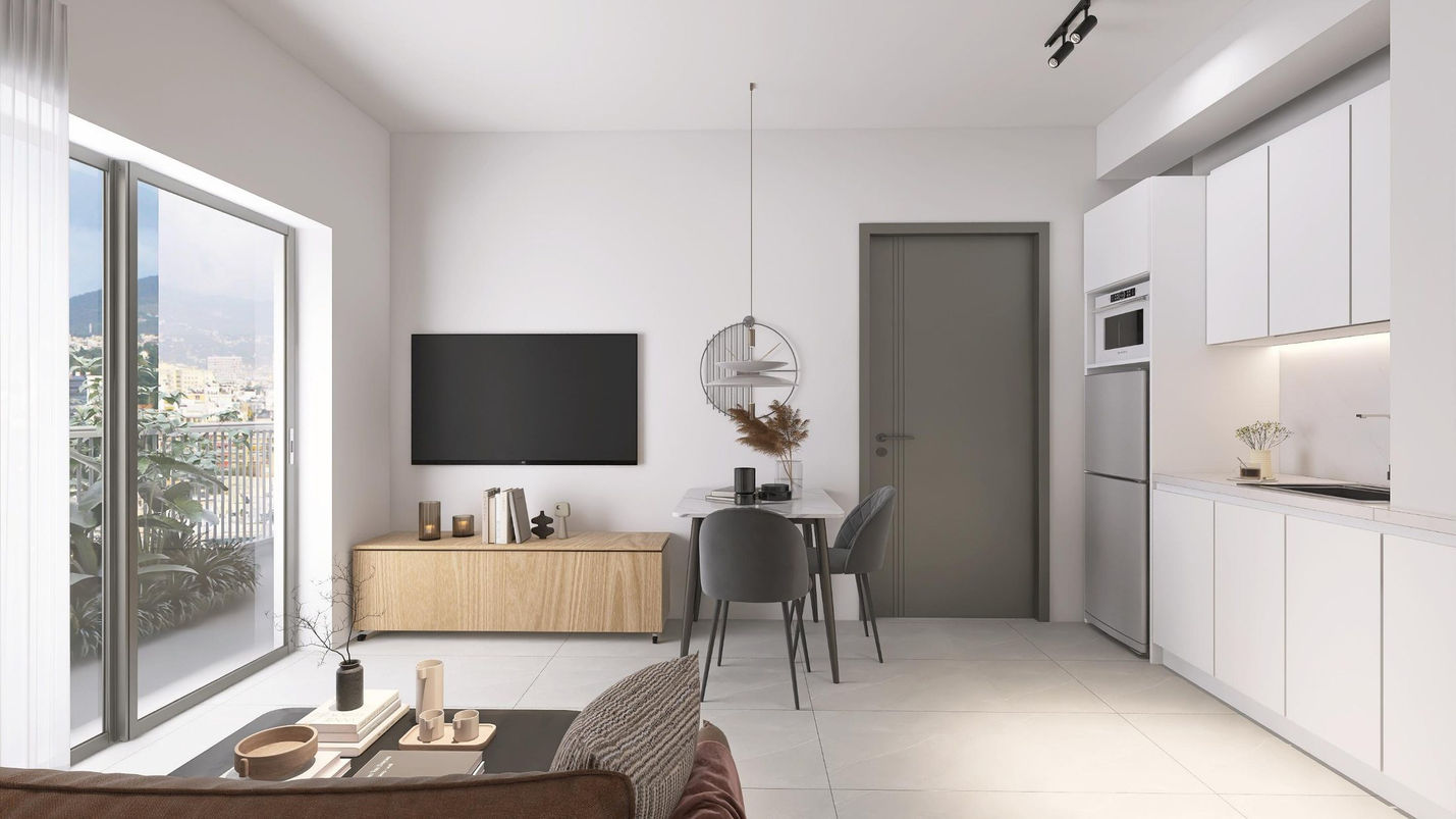 One-bedroom apartment — living area with balcony access