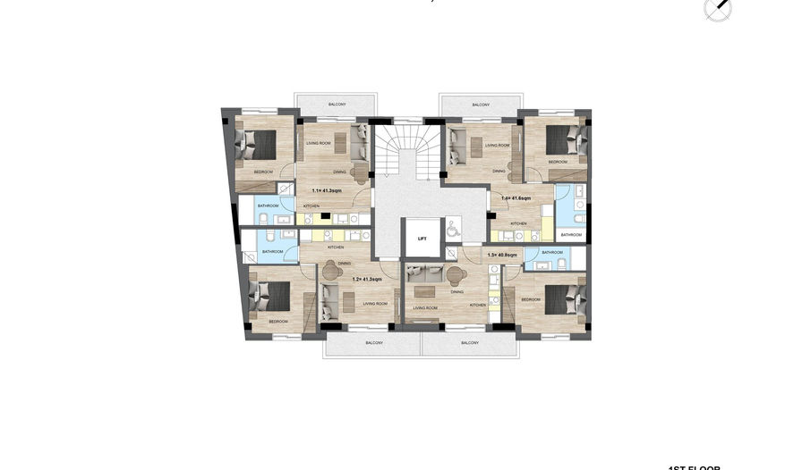 First floor plan — four one-bedroom apartments