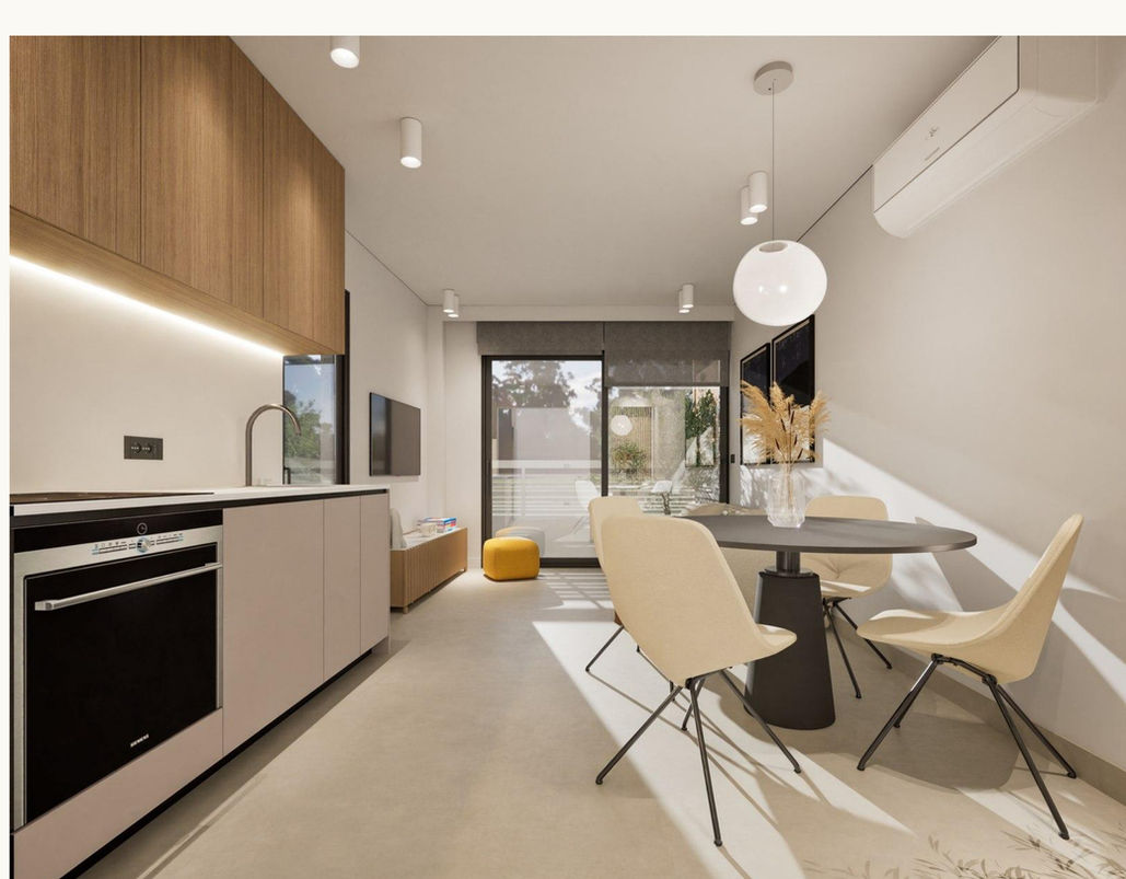 Furnished open-plan kitchen and dining with balcony view, T18 Athens