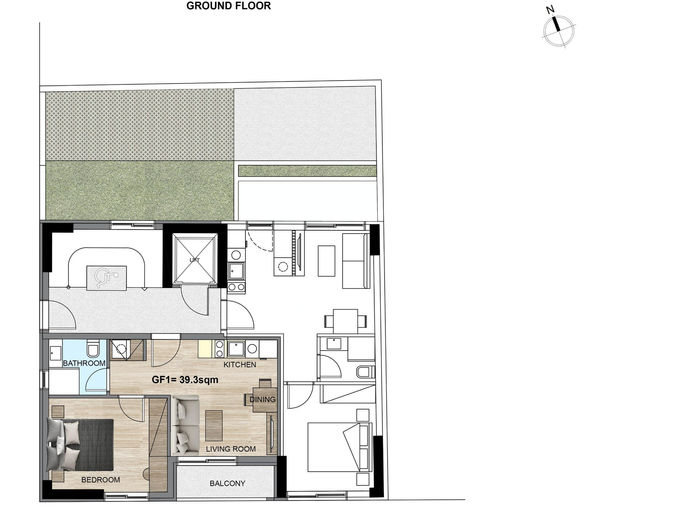 Apartment GF.1 — 39.3 m² net, one bedroom, ground floor