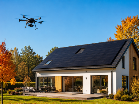 Moderne Photovoltaikanlage auf einem Einfamilienhaus in Brandenburg während einer professionellen Drohneninspektion zur Autarkiesicherung.