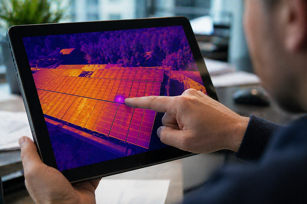 Darstellung einer Drohnen-Thermografie auf einem Tablet zur Beweissicherung von Zellfehlern für einen Solarmodul Garantie Vergleich.