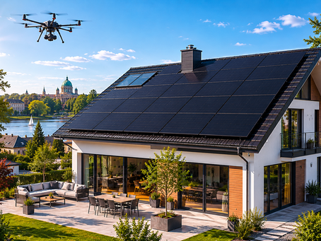 Reale Stromproduktion einer Photovoltaikanlage auf einem Hausdach in Potsdam während einer professionellen Drohneninspektion.
